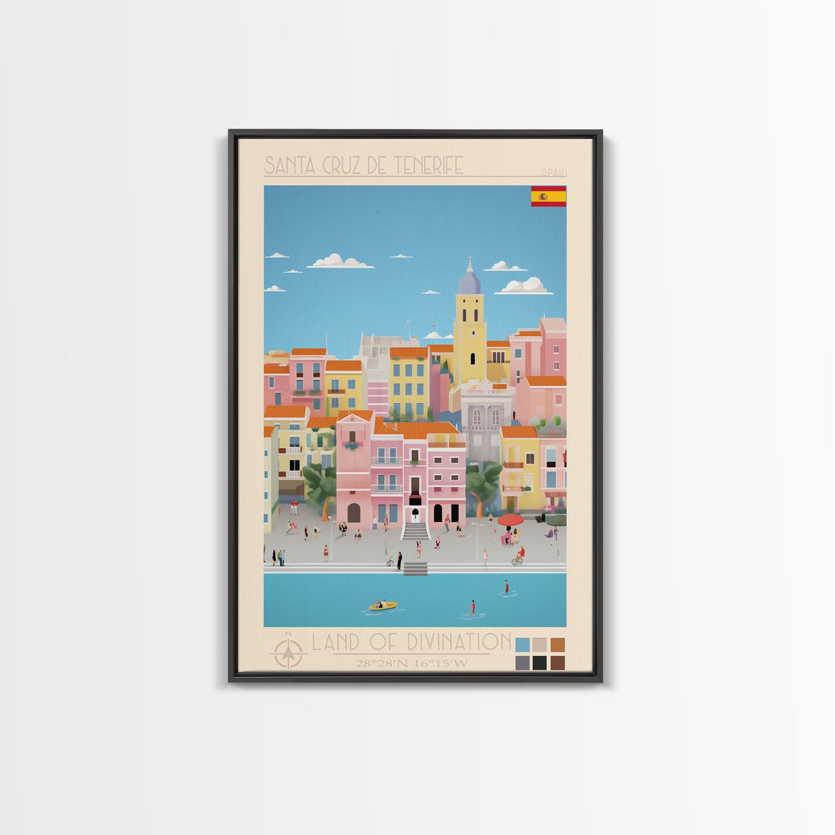 Santa Cruz de Tenerife Spain Travel Poster Framed Canvas Print, Midcentury Modern Art, Pop Art Wall Decor, Living Room Art, Bedroom Decoration