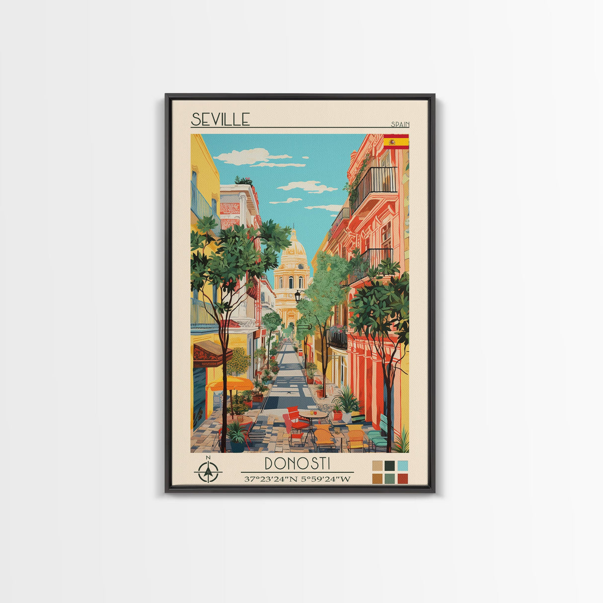Seville Spain Travel Poster Framed Canvas Print, Midcentury Modern Art, Pop Art Wall Decor, Living Room Art, Home Decoration