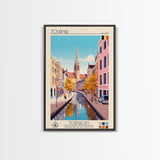 Tournai Belgium Travel Poster Framed Canvas Print, Midcentury Modern Art, Pop Art Wall Decor, Living Room Art, Scenic Wall Art