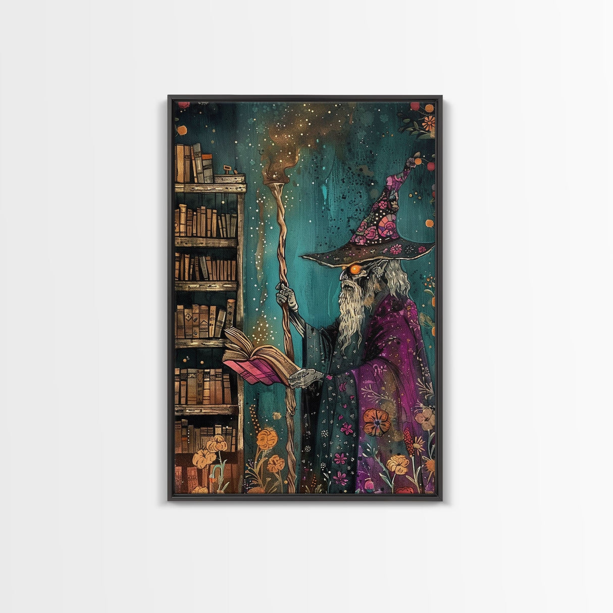 Halloween Eerie Wizard in Haunted Library Framed Canvas Print, Gothic Wall Art, Home Decor, Witchcraft Decor, Gift Idea, Enchanted Study
