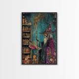 Halloween Eerie Wizard in Haunted Library Framed Canvas Print, Gothic Wall Art, Home Decor, Witchcraft Decor, Gift Idea, Enchanted Study