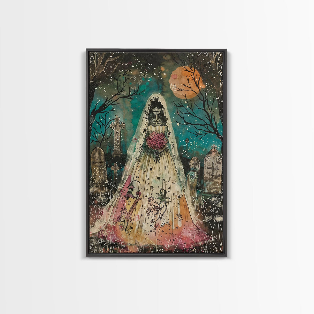 Halloween Skeleton Bride in Cemetery, Framed Canvas Print, Wall Art, Living Room Decor, Spooky, Skeleton Art, Original Painting, Home Decor