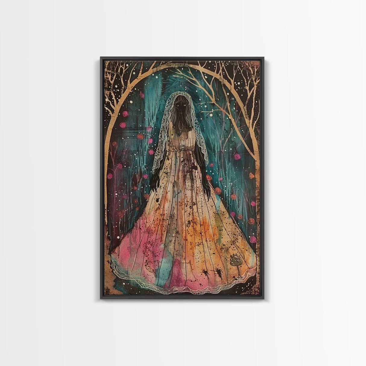 Halloween Veiled Ghost in Cemetery, Framed Canvas Print, Wall Art, Living Room Decor, Spooky, Ghost Art, Original Painting, Home Decor