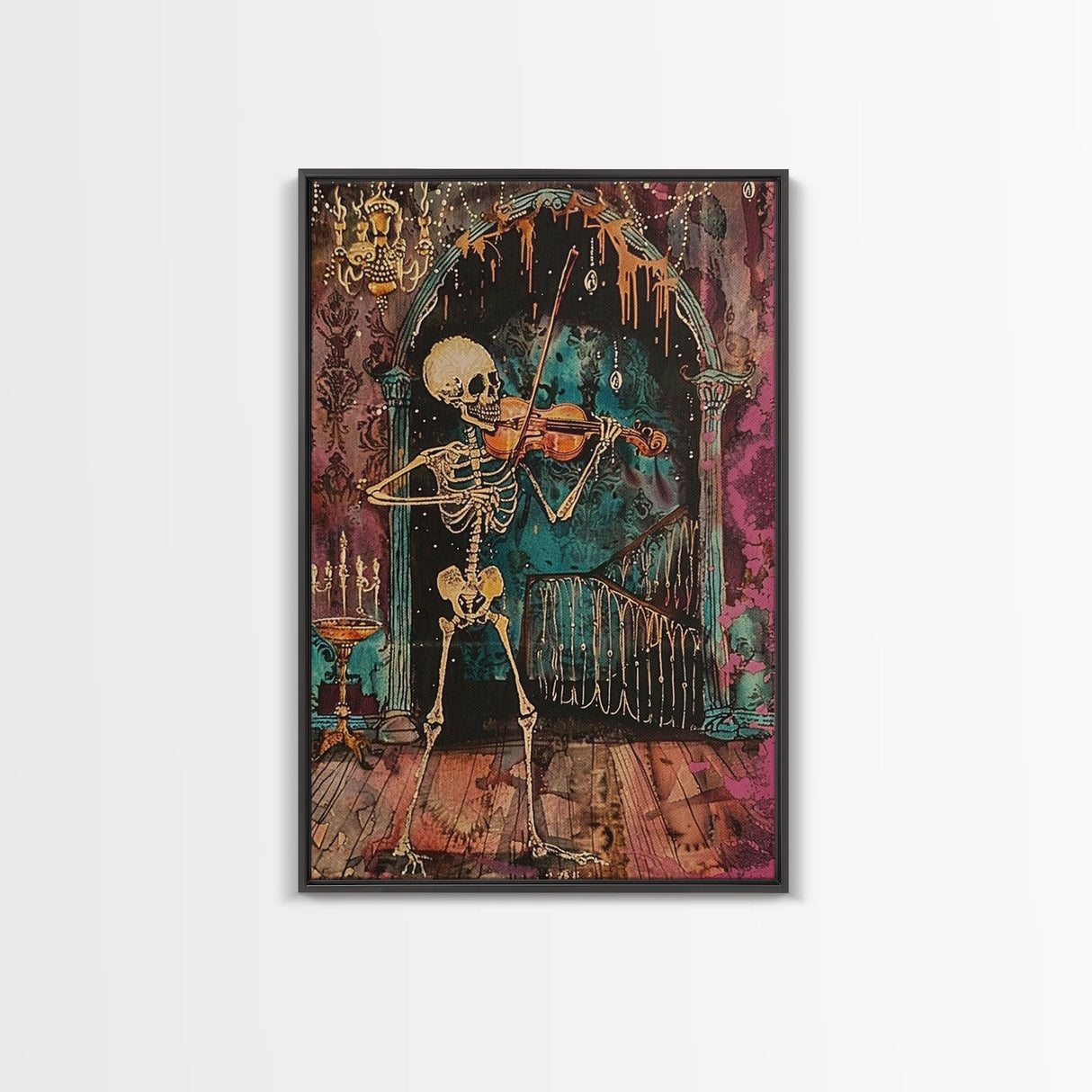 Halloween Skeleton Playing Violin, Framed Canvas Print, Wall Art, Living Room Decor, Spooky, Skeleton Art, Original Painting