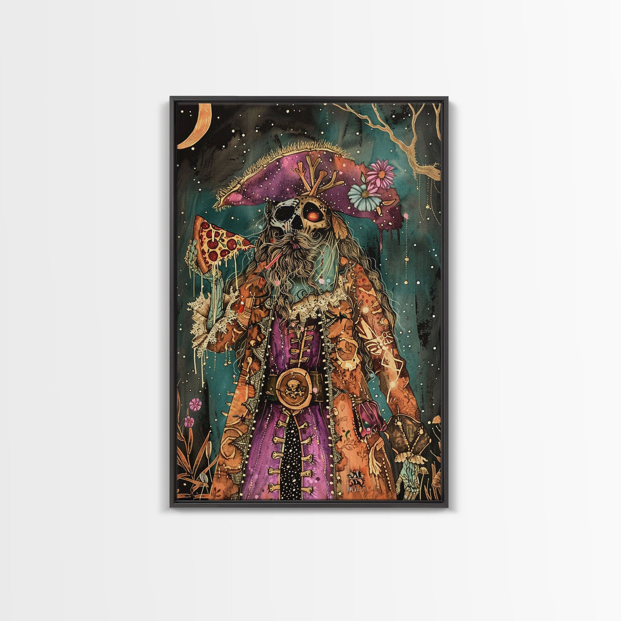 Halloween Pirate Skeleton with Pizza Framed Canvas Print, Spooky Decor, Living Room Art, Fun Halloween Wall Art Home Decor Vintage Style Art