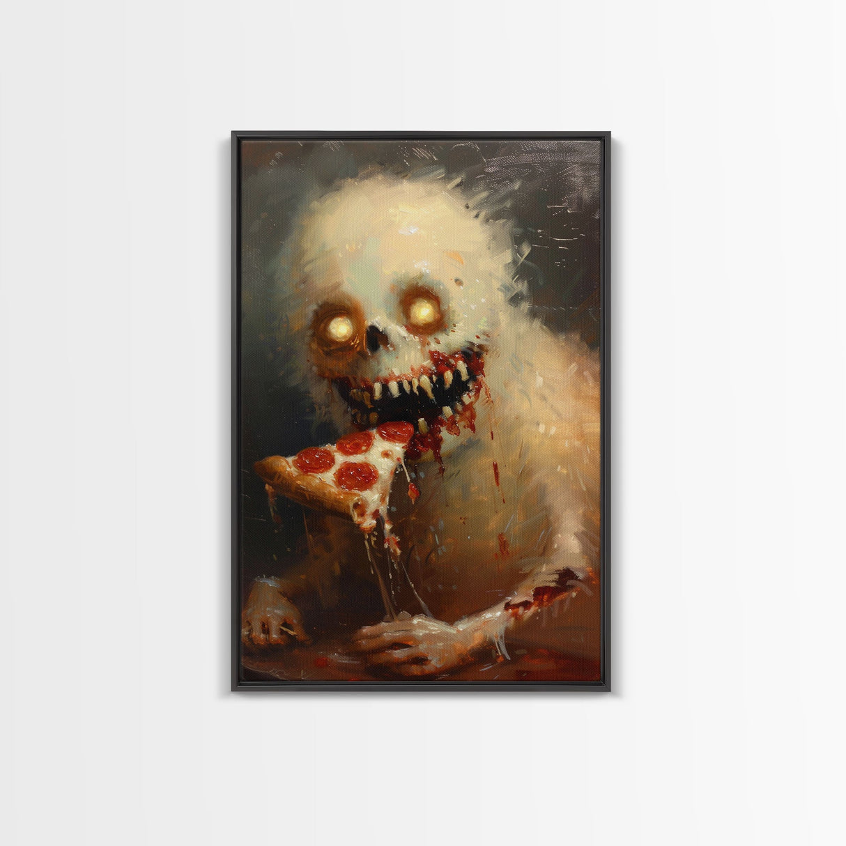 Halloween Ghost with Pizza Framed Canvas Print, Unique Spooky Decor, Living Room Art, Fun Halloween Wall Art, Home Decor, Retro Style Art