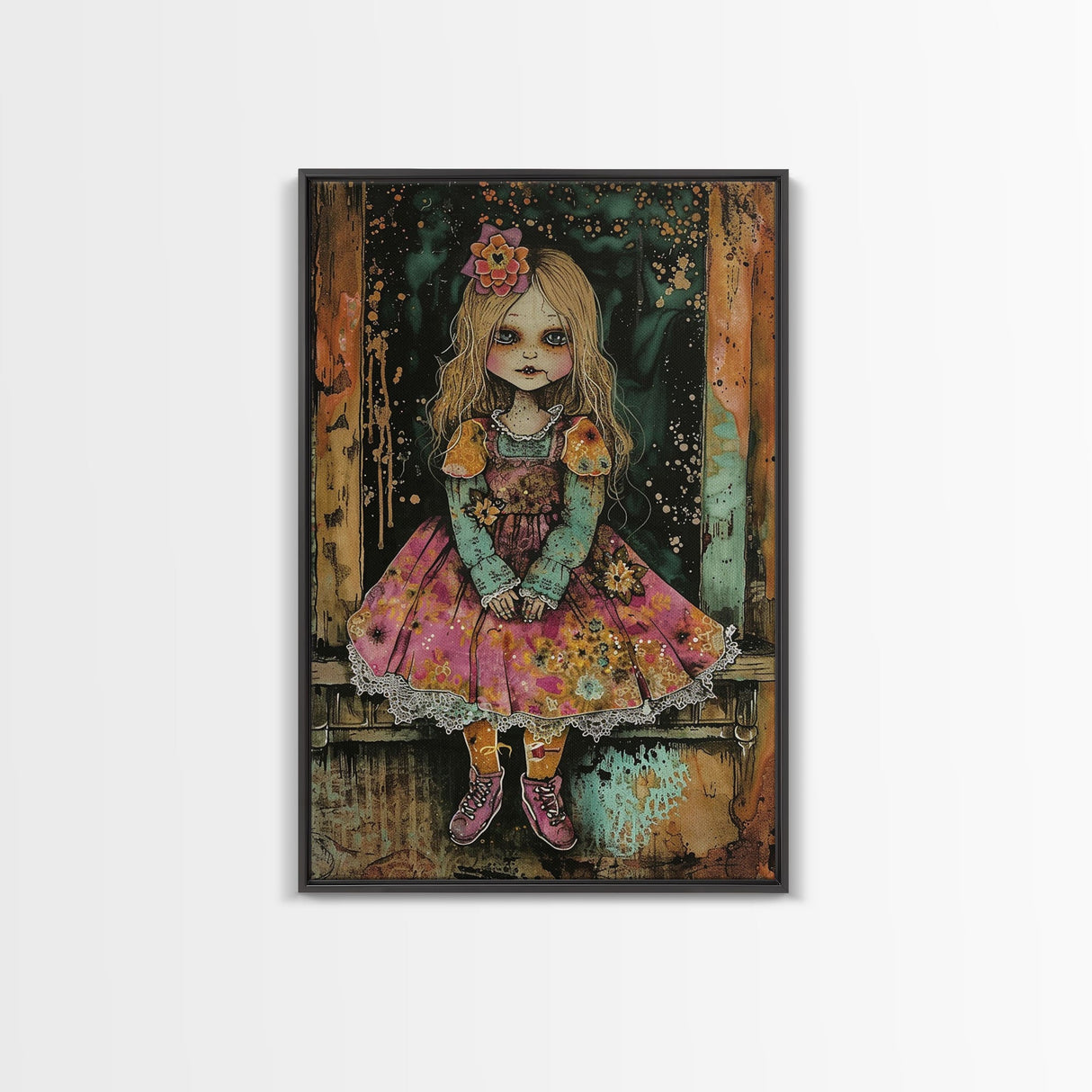 Halloween Witch in Forest Framed Canvas Print, Spooky Decor, Living Room Art, Whimsical Halloween Wall Art, Home Decoration, Retro Style Art