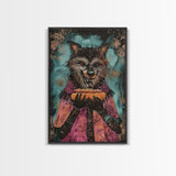 Halloween Werewolf with Hotdog, Framed Canvas Print, Wall Art, Home Decor, Spooky Artwork, Monster Decor, Halloween Decor, Funny Halloween