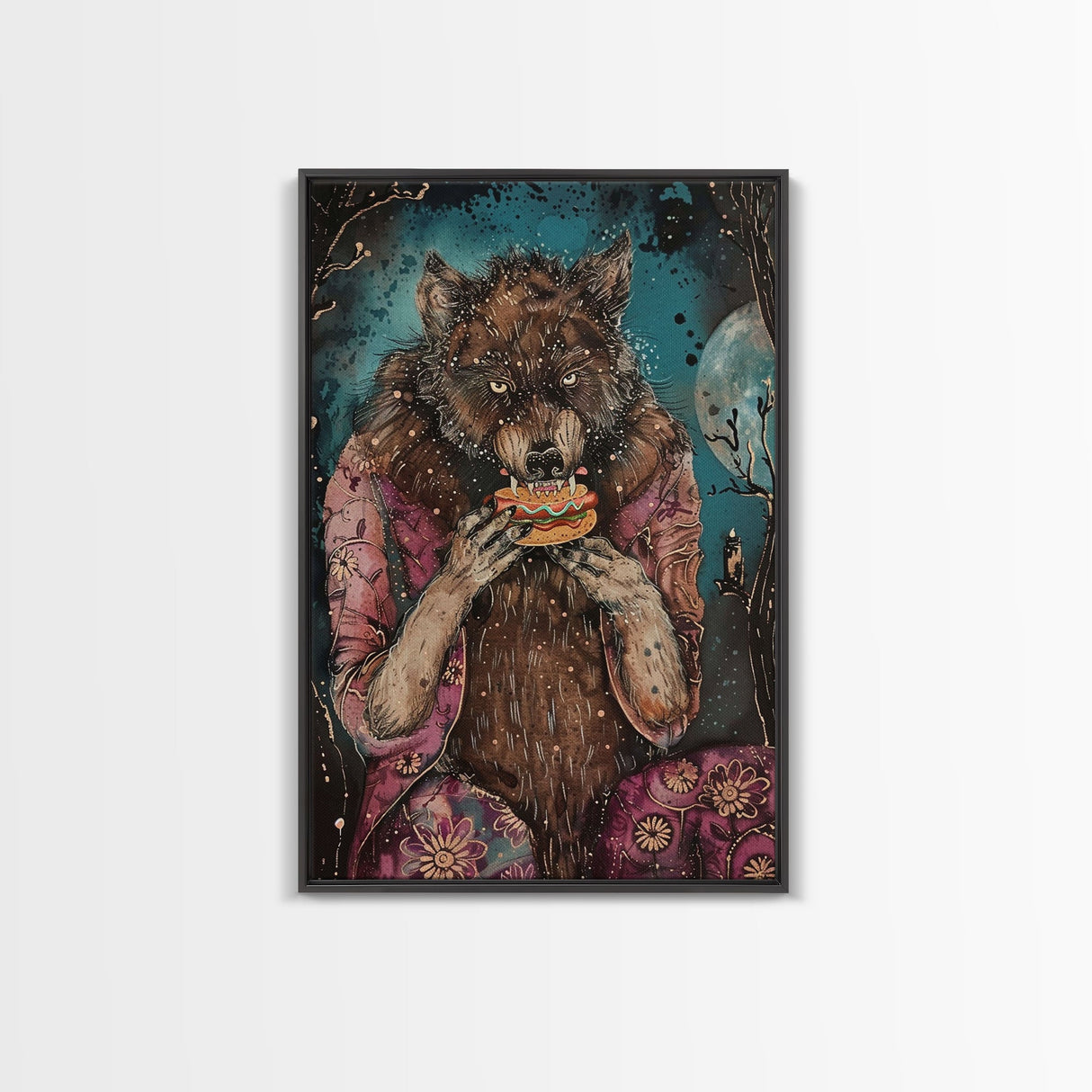 Halloween Werewolf Enjoying Hotdog, Framed Canvas Print, Wall Art, Home Decor, Spooky Artwork, Fantasy Decor, Halloween Decor, Holiday Gift