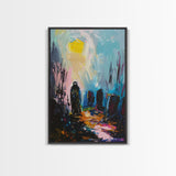 Creepy Haunted Cemetary Framed Canvas Print Halloween Art, Impasto Style Spooky Season Decor