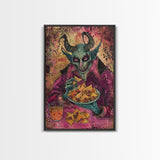 Spooky Demon Eating Chips Framed Canvas Print, Halloween Art, Unique Wall Art, Creepy Home Decor, Scary Art, Spooky Living Room Decor
