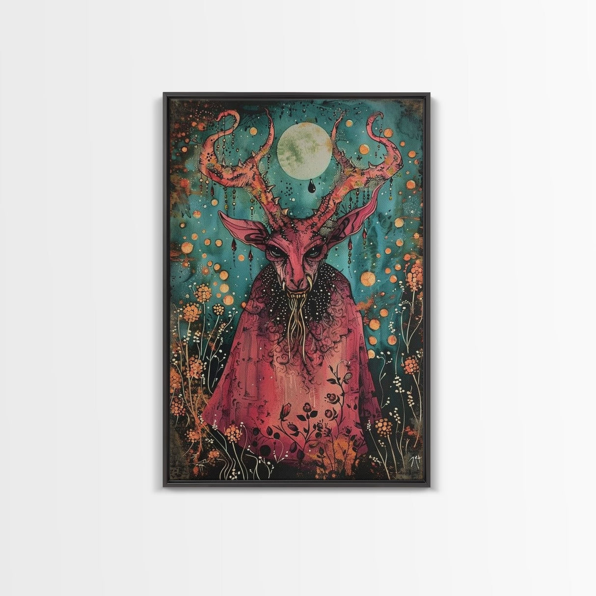 Enchanted Demon Under Full Moon Framed Canvas Print, Halloween Art, Creepy Wall Art, Spooky Home Decor, Art, Haunting Living Room Decor