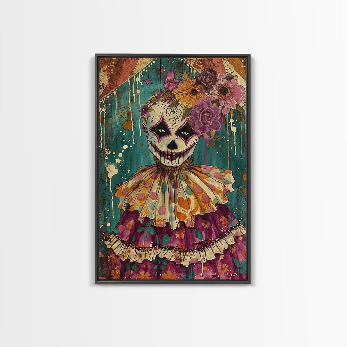 Day of the Dead Doll with Floral Crown Framed Canvas Print, Halloween Art, Creepy Wall Art, Spooky Home Decor, Scary Art, Unique Wall Decor
