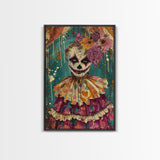 Day of the Dead Doll with Floral Crown Framed Canvas Print, Halloween Art, Creepy Wall Art, Spooky Home Decor, Scary Art, Unique Wall Decor