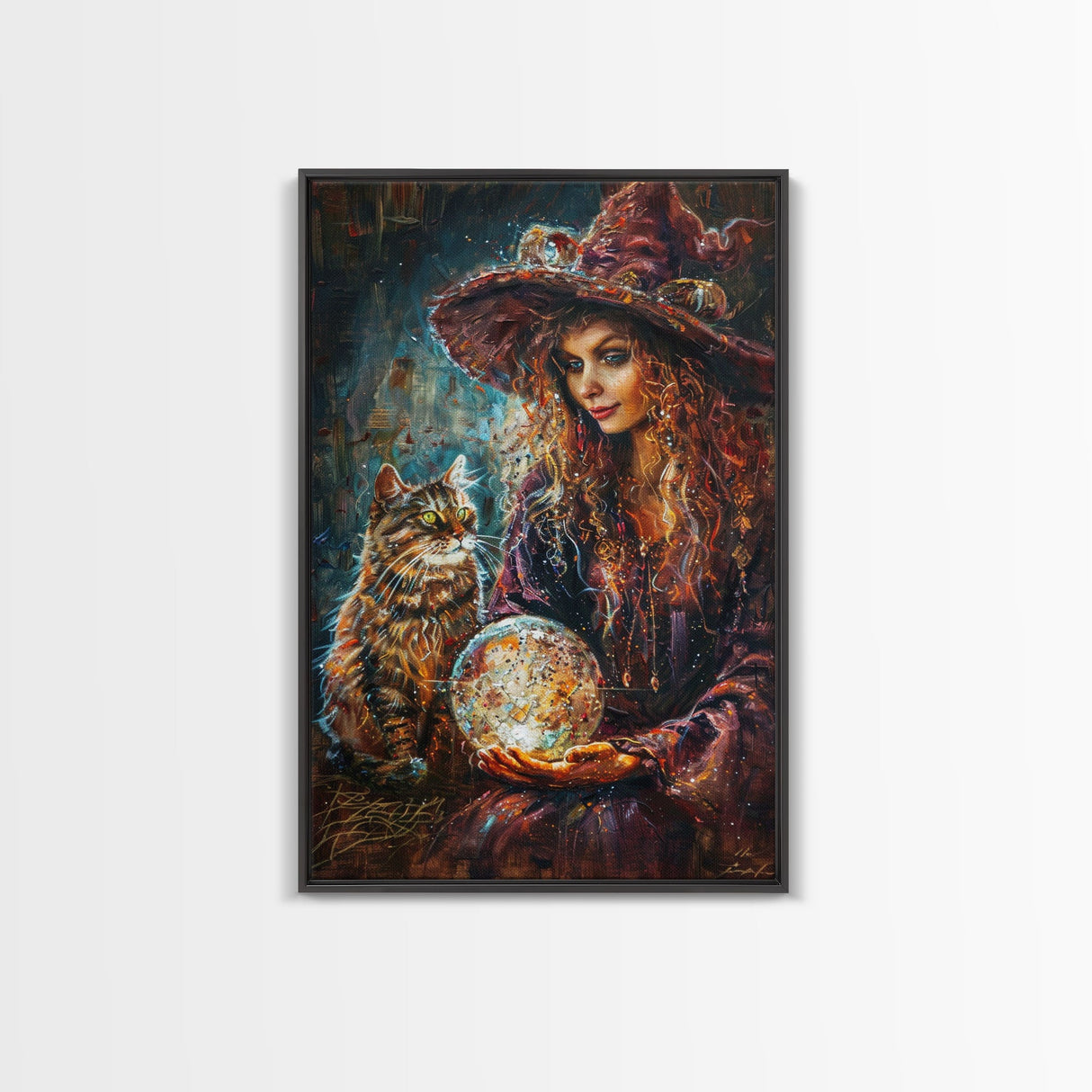 Enchanting Witch with Crystal Ball, Framed Canvas Print, Mystical Halloween Art, Spooky Witch Decor, Witchcraft Illustration, Magical Decor