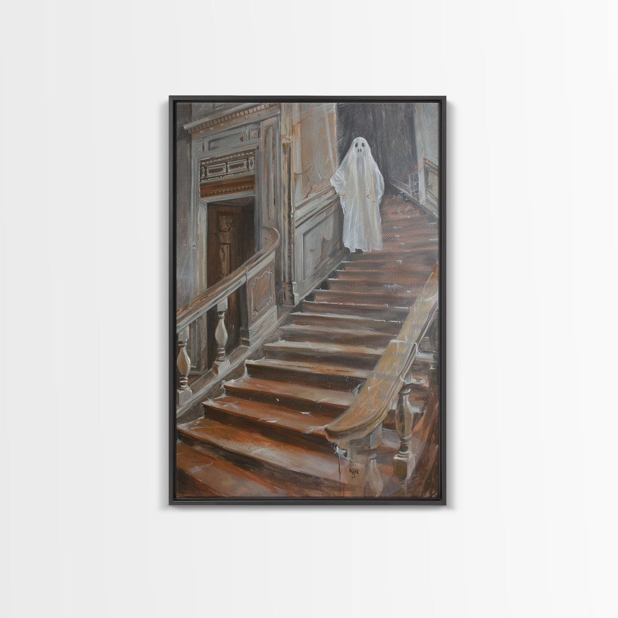 Ghost On Stairs Canvas Print - Halloween Art, Spooky Home Decor, Ghost Wall Art, Haunted House Decor, Halloween Decor, Framed Canvas Print