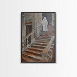 Ghost On Stairs Canvas Print - Halloween Art, Spooky Home Decor, Ghost Wall Art, Haunted House Decor, Halloween Decor, Framed Canvas Print