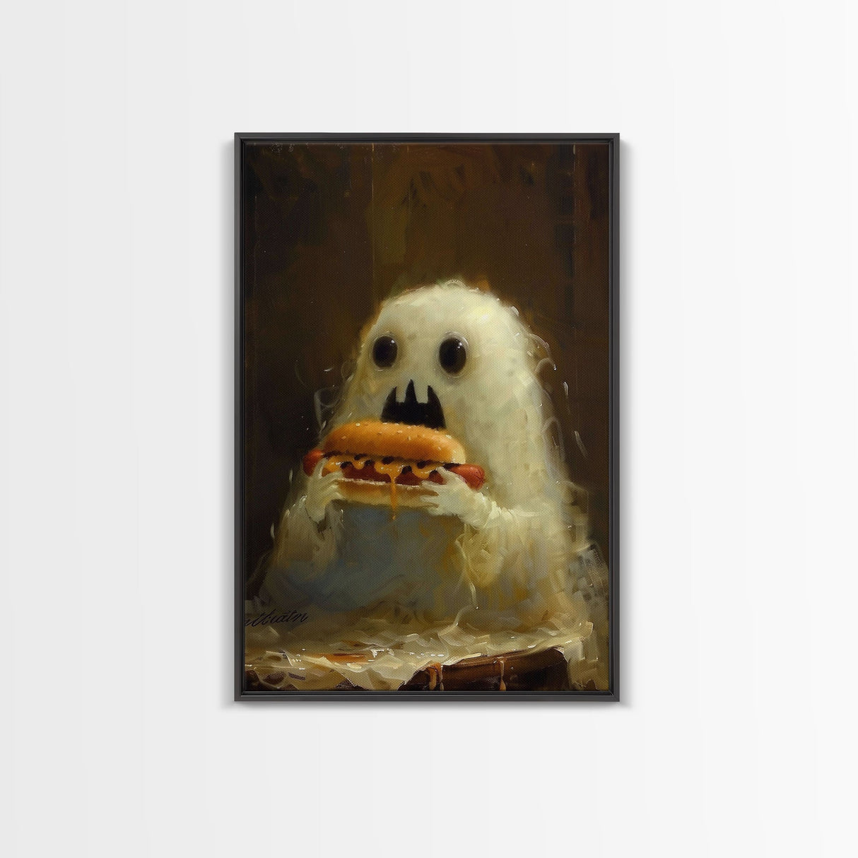 Cute Ghost Chompin on A Hot Dog, Ghostly Hot Dog Thief, Framed Canvas Print, Funny Halloween Spooky Season Art