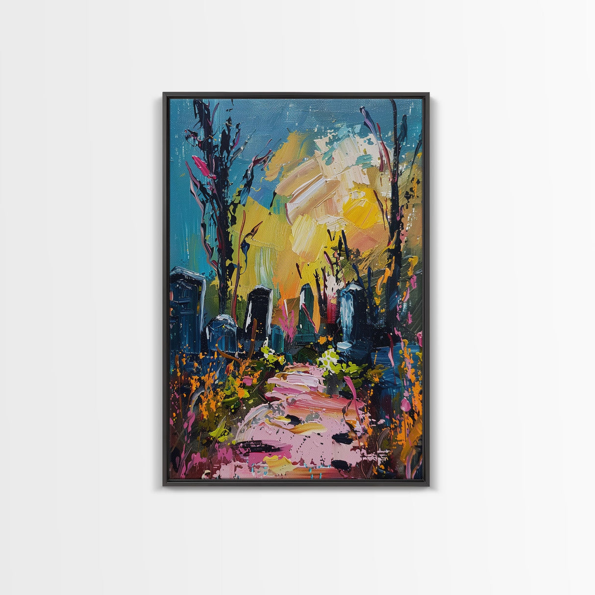 Colorful Haunted Cemetary, Springtime Halloween Mashup, Spooky Season Vibes, Framed Canvas Print, Haunted Graveyard