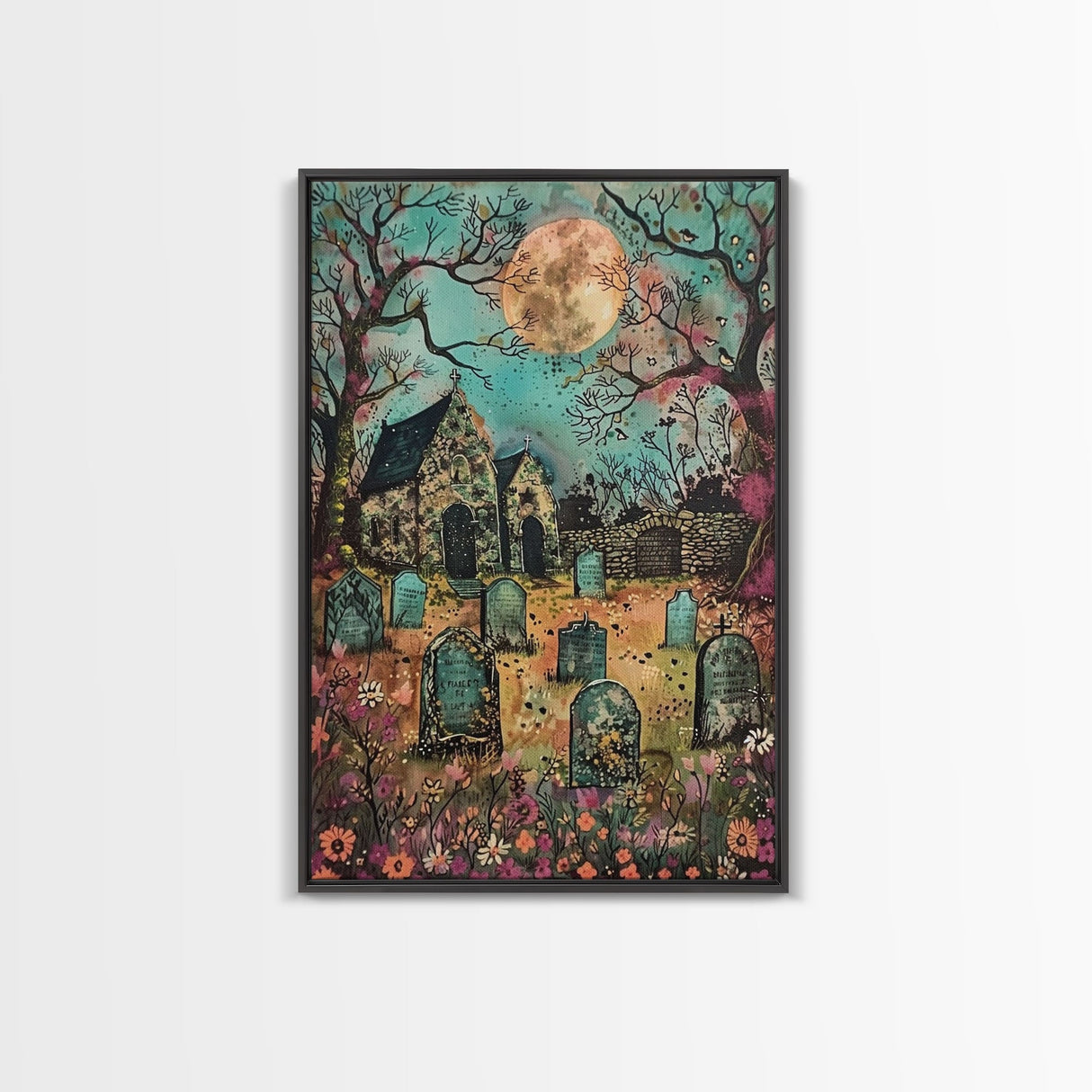 Haunted Churchyard Framed Canvas Print, Halloween Art, Gothic Cemetery, Spooky Church, Haunted Scene, Eerie Moonlight, Halloween Decor
