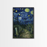 Starry Night Cemetery Framed Canvas Print, Halloween Wall Art, Gothic Art, Spooky Graveyard Decor, Van Gogh Style, Halloween Wall Decor