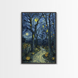Dark Steamy Train at Night Framed Canvas Print, Halloween Wall Art, Spooky Train Station Decor, Haunted Transportation Artwork, Ghostly Art