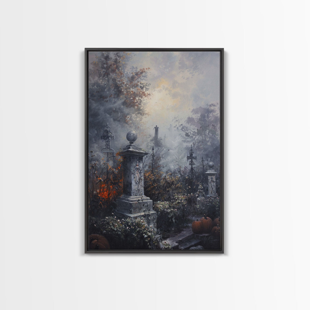 Gothic Cemetery with Statues Framed Canvas Print, Halloween Wall Art, Haunted Graveyard, Home Decor, Spooky Art, Living Room Decor, Gothic