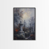 Gothic Cemetery with Statues Framed Canvas Print, Halloween Wall Art, Haunted Graveyard, Home Decor, Spooky Art, Living Room Decor, Gothic