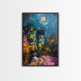 Haunted House with Glowing Windows Framed Canvas Print, Halloween Wall Art, Spooky Art, Home Decor, Living Room Decor, Gothic Artwork