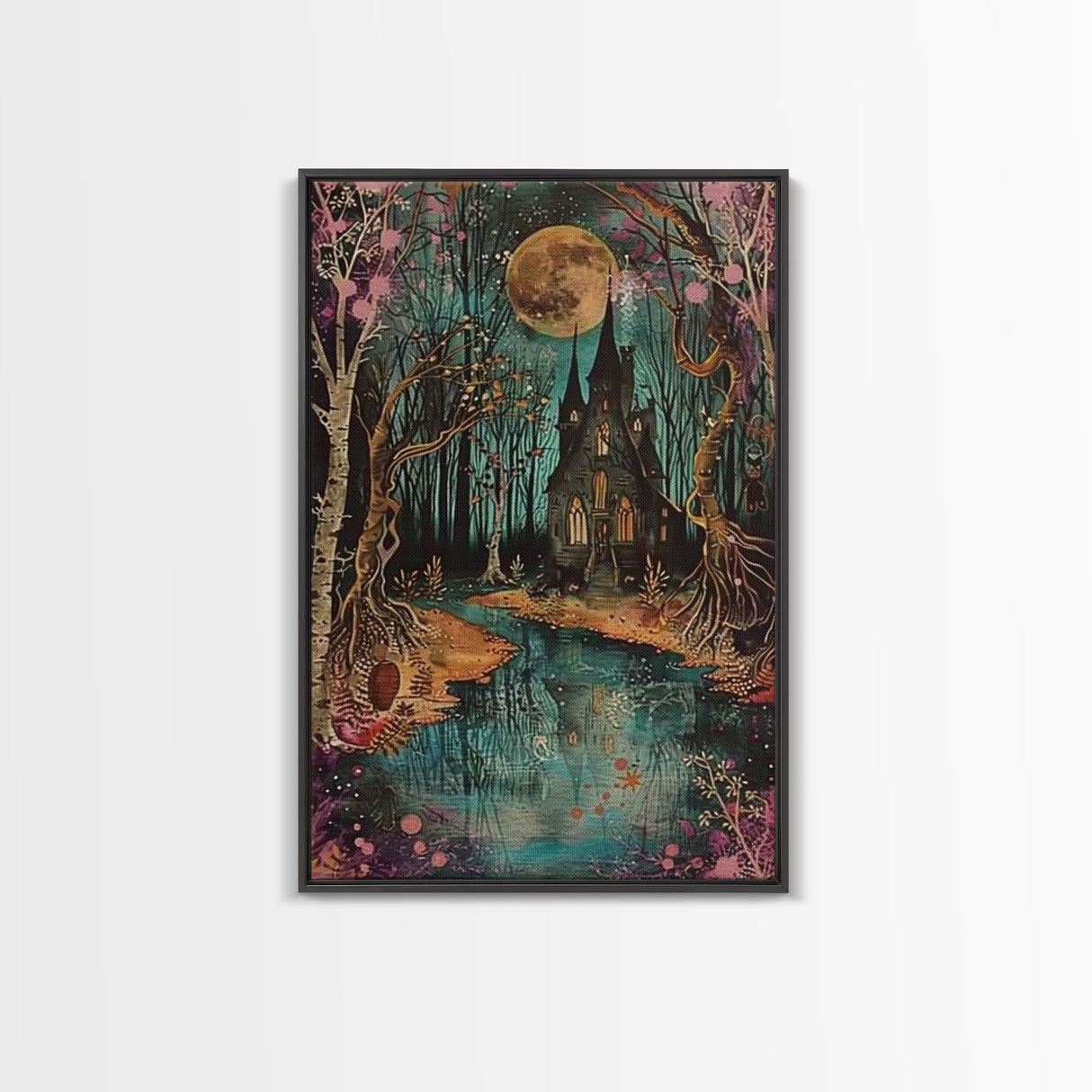 Haunted Castle by the Lake Framed Canvas Print, Halloween Wall Art, Spooky Art, Home Decor, Living Room Decor, Gothic Artwork, Creepy Castle