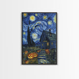 Spooky Starry Night with Jack-O-Lanterns Framed Canvas Print, Halloween Wall Art, Starry Night Inspired, Home Decor, Spooky Art, Living Room