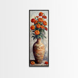 Orange Marigolds in Vase Painted on Textured Canvas, Tall and Narrow Framed Art, Botanical Art Print for Kitchen, Gallery Art, Moody Art