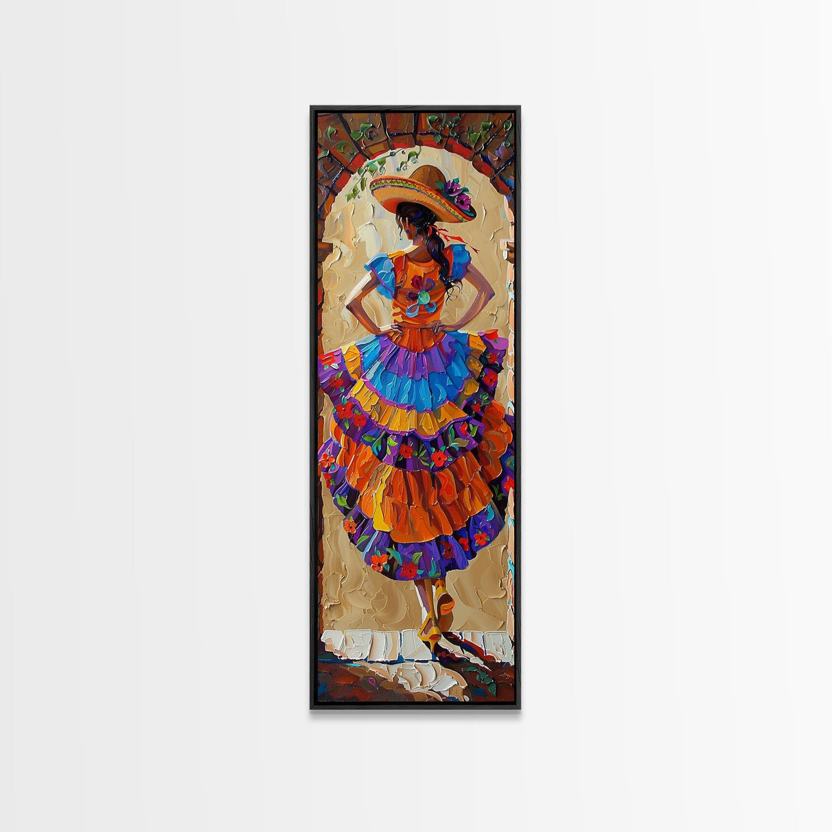 Jalisco Mexican Dancer Textured Oil Painting Printed and Framed on Canvas, Vertical Narrow Art Print, Mexican Inspired Home Decor