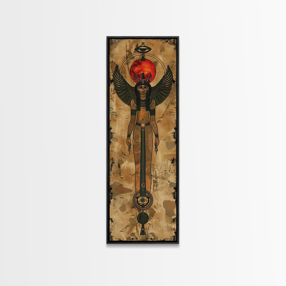 Egyptian Art Depiction of Goddess Isis - Framed Canvas Print, Midcentury Modern Wall Art, Skinny Art, Tall Art, Living Room Decor