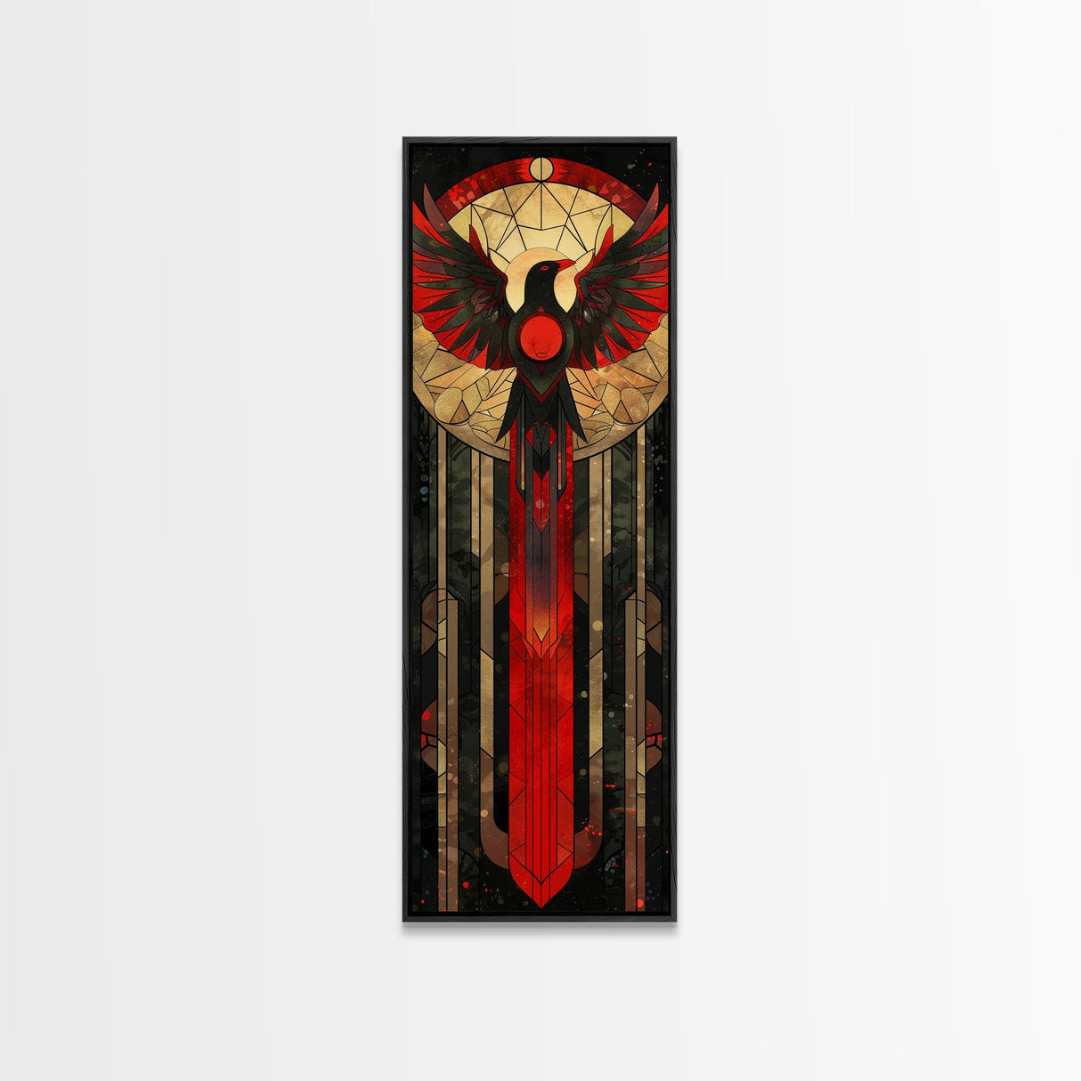 Red and Gold Phoenix Design on Geometric Background - Framed Canvas Print, Midcentury Modern Art, Skinny Art, Tall Art, Living Room Wall Decor, Boho Art