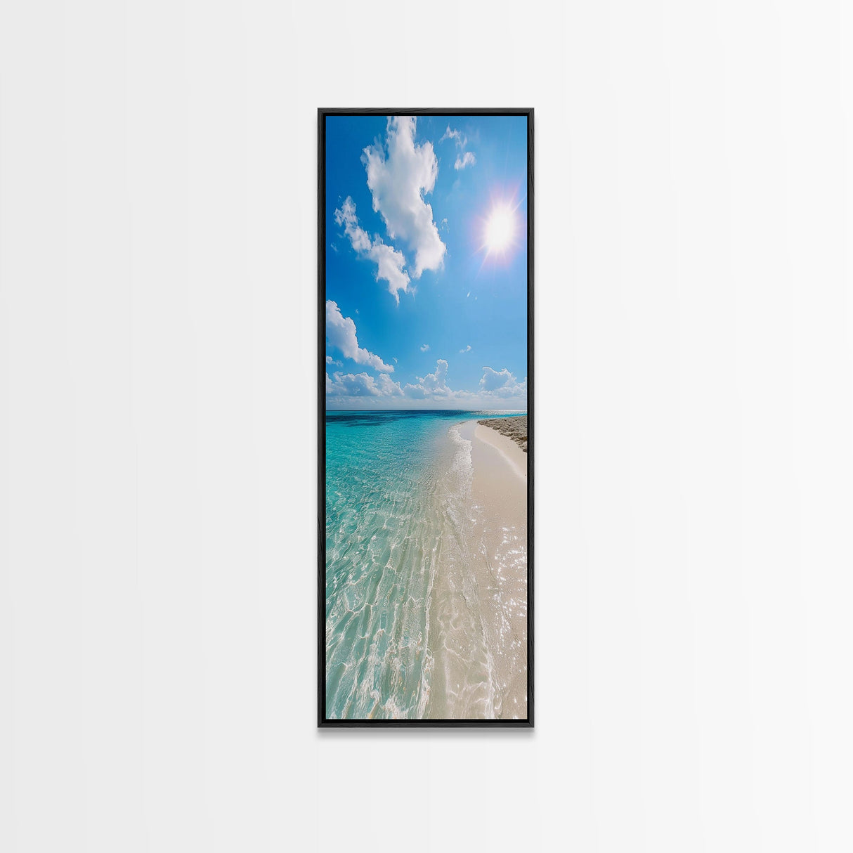Serene Coastal Shoreline Landscape Painting in Blue and Orange Hues, Modern Framed Canvas Print, Ideal for Contemporary Wall Art Décor