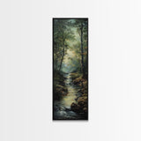 Peaceful Forest Stream in the Early Morning Light, Skinny and Tall Art, Framed Canvas Print, Cozy Wall Art Decor