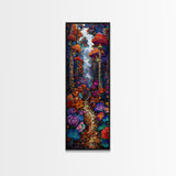 Fantasy Forest Pathway with Giant Mushrooms as Tall Skinny Art Framed Canvas Print for Whimsical Wall Decor in Unique Spaces