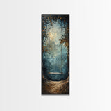 Tree Swing At Midnight Framed Canvas Print, Secret Garden, Dark Academia, Whimsical Minimalist Wall Art, Night Time Under a Crescent Moon
