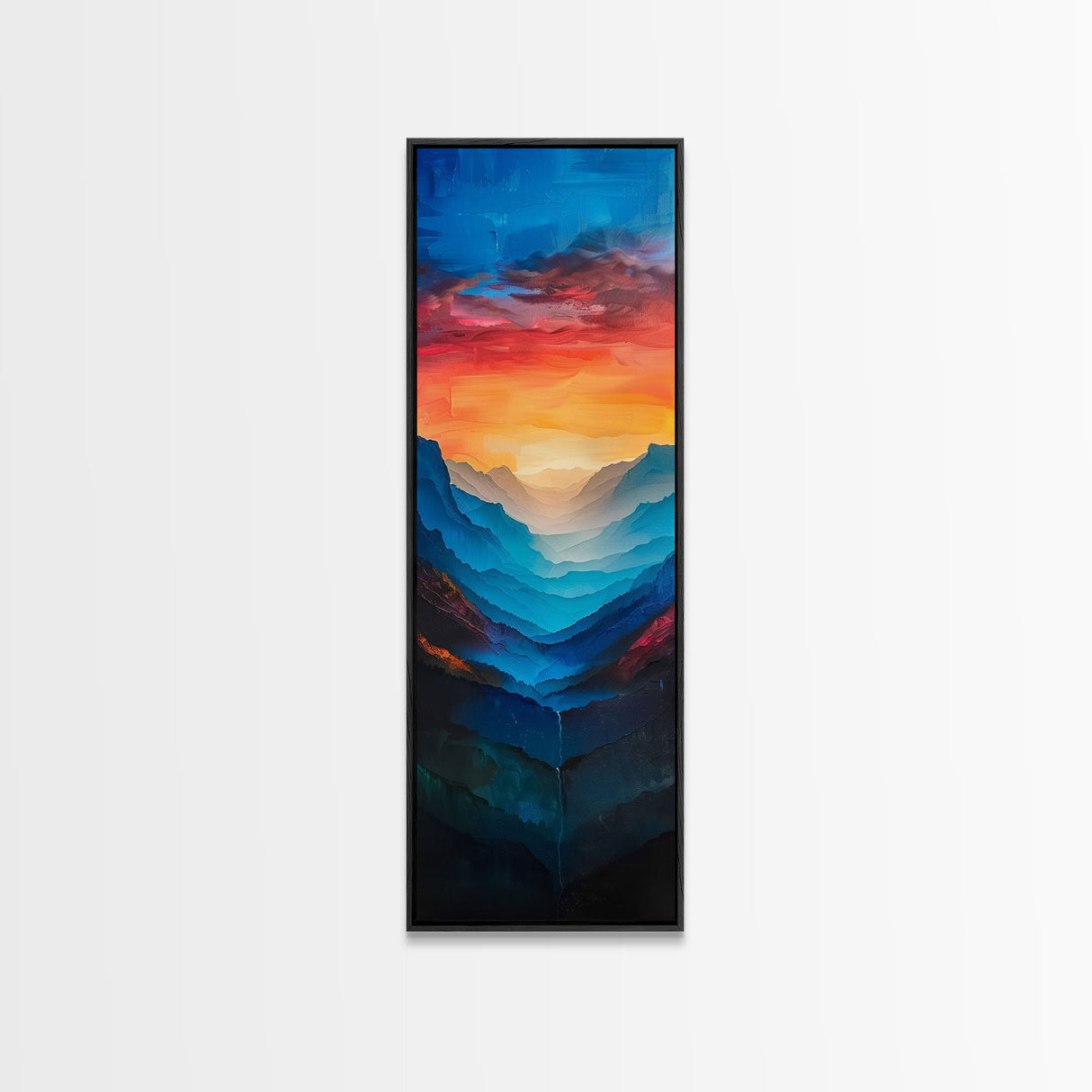 Sunset Over The Mountain Valley Framed Canvas Print - Colorful Wall Art - Midcentury Modern Style Art - Modern Decor - Abstract Landscape Painting - Tall Art