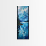Mountain Reflections In The Lake Framed Canvas Print, Boho Style Oil Painting Print, Minimalist Decor, Unique Gift Idea, Skinny Art For Small Spaces
