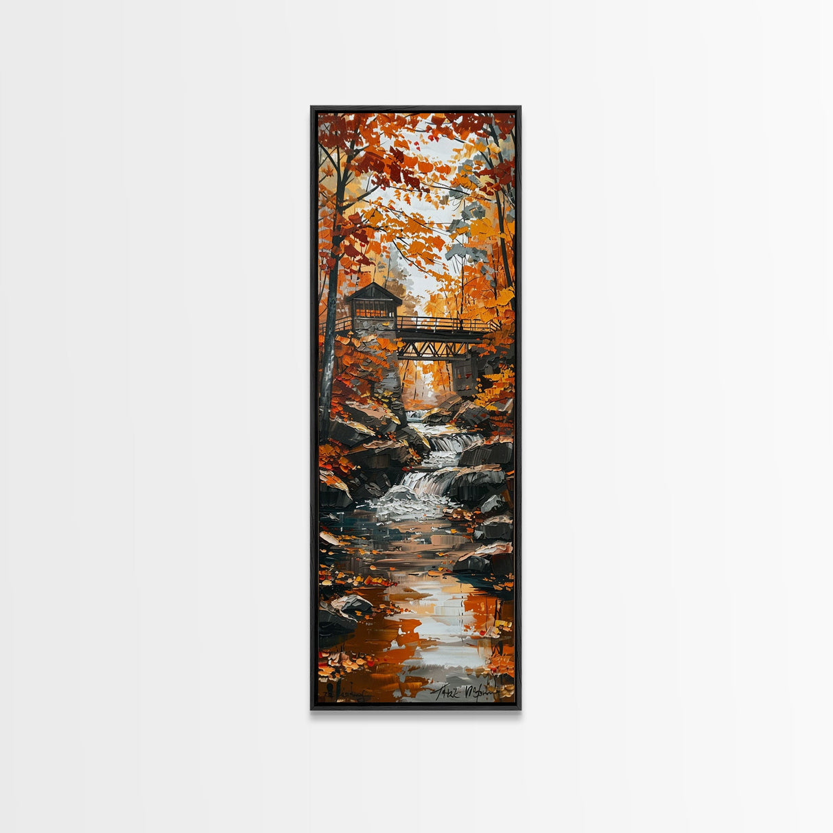 The Autumn Bridge, Framed Canvas print, New England Landscape Painting Print, Wall Art, Home Decor