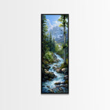Majestic Mountain Stream In A Serene Forest Landscape, Farmhouse And Minimalist Art Style, Boho Wall Art In Tall Canvas Print