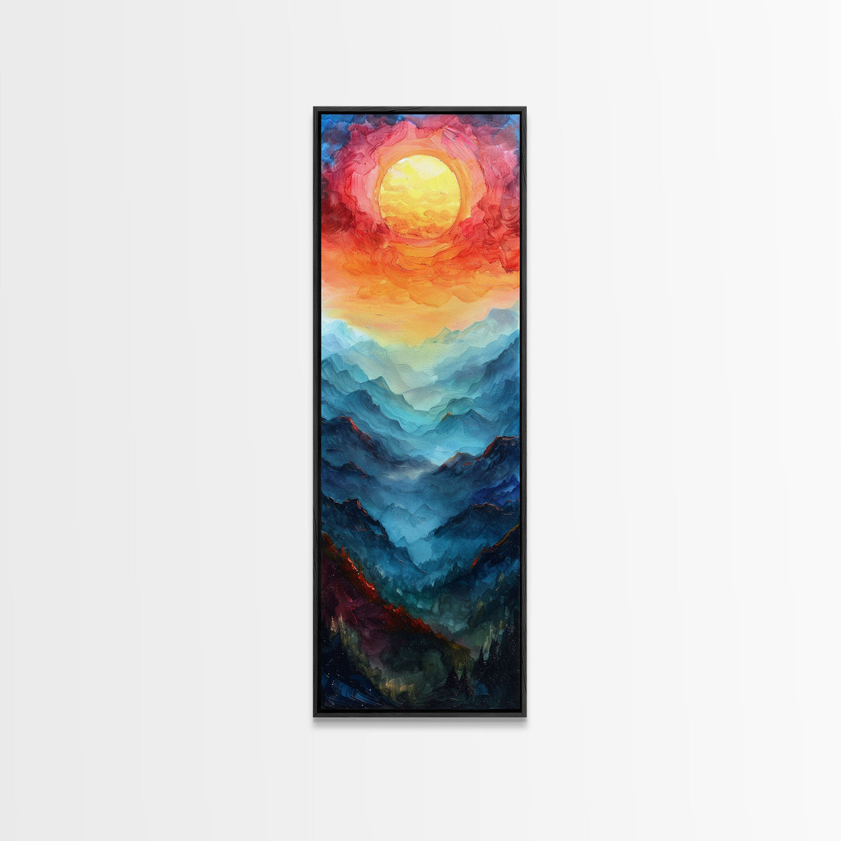 Majestic Sunrise Over Mountain Range Boho Sunset Landscape Framed Canvas Print Tall Art Japanese Style Art