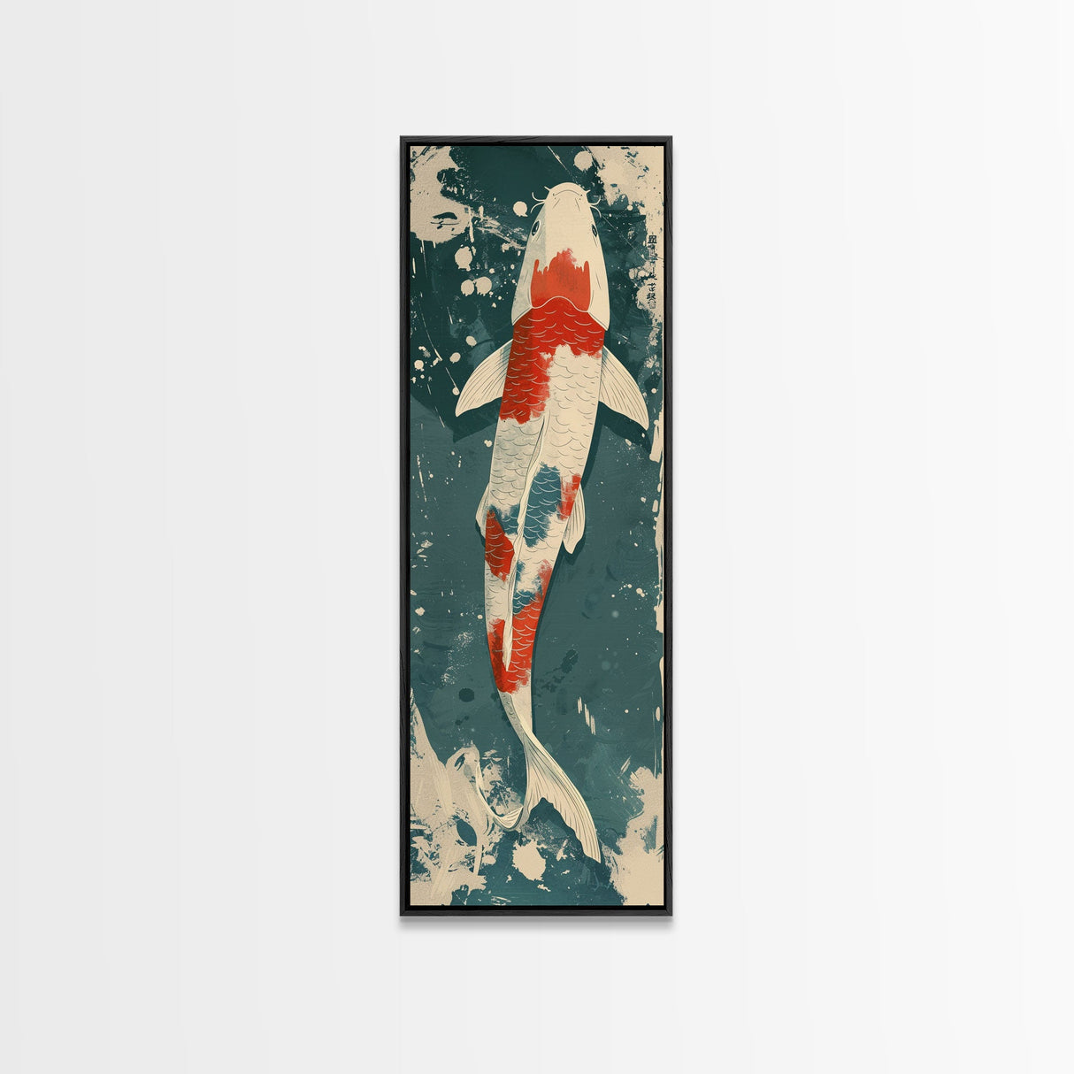 Serene Koi Fish Swimming in Deep Blue Water with Red Accents on Tall Vertical Japanese-Inspired Canvas Print