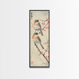 Pair of Birds on Snowy Branches, Japanese Art Framed Canvas Print, Tall and Skinny Wall Art in Ukiyo-e Style