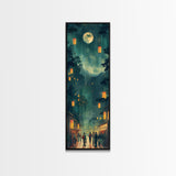 Framed Canvas Print Of A Nighttime Japanese Festival Scene With Lanterns And Pine Trees, Traditional Wall Art Ready To Hang