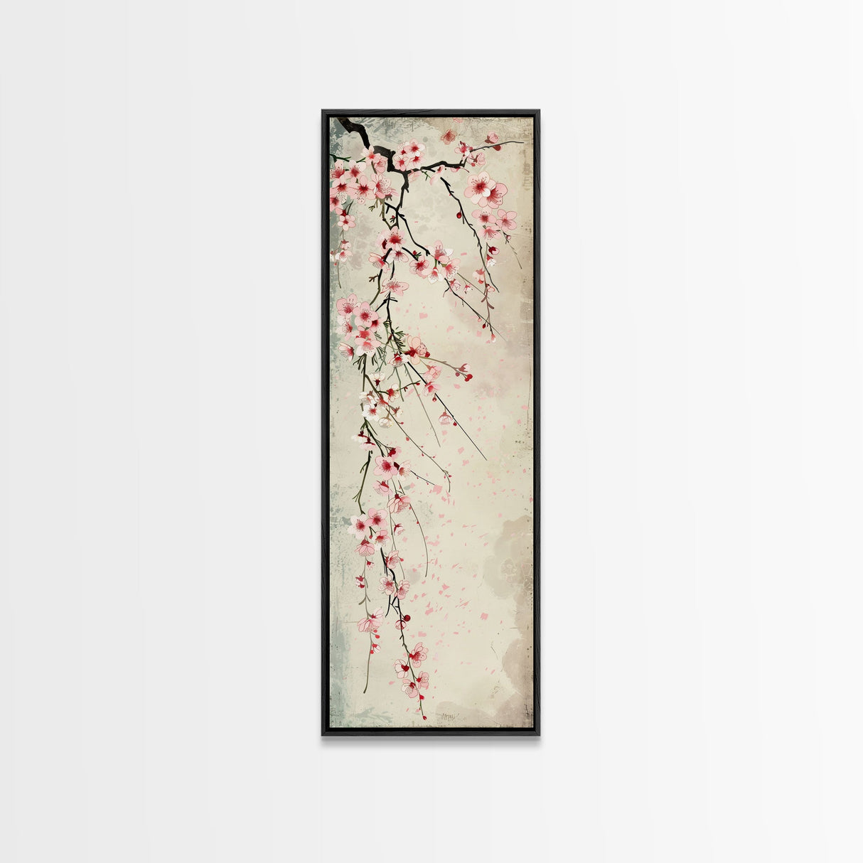 Cherry Blossoms, Full Bloom, Japanese Art, Skinny Art, Tall Art, Framed Canvas Print, Ukiyo-e Style