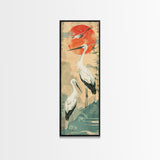 Tall Japanese Cranes Under a Vibrant Red Sun Ukiyo-e Art Skinny Framed Canvas Print Traditional Japanese Nature Scene