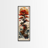 Majestic Bonsai Tree Under the Golden Sun Skinny Art Ukiyo-e Tall Framed Canvas Print with Mountain Landscape